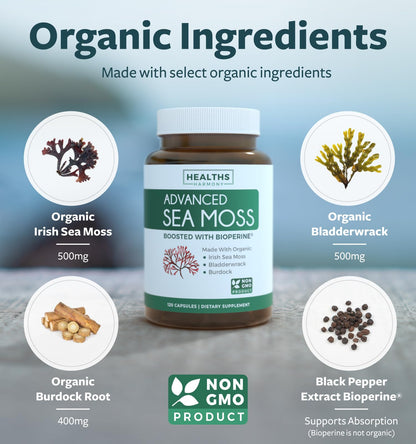 Organic Irish Sea Moss Capsules - Organic Sea Moss Capsules with Bladderwrack Burdock Root and Black Pepper Extract for Enhanced Absorption - Vegan Non-GMO & Made in the USA (1 Month Supply)