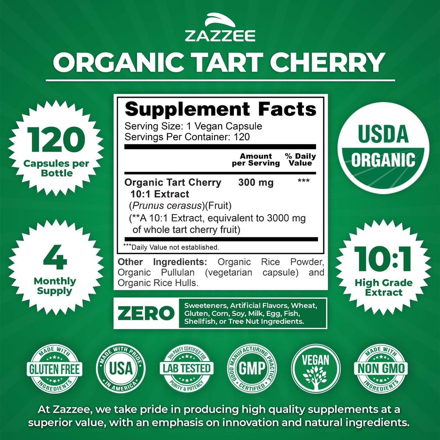Zazzee USDA Organic Tart Cherry 10:1 Extract, 120 Vegan Capsules, 4 Month Supply, Montmorency Cherry, Daily Wellness Antioxidant Support, Organic Herbal Supplement, All-Natural, Non-GMO, Made in USA