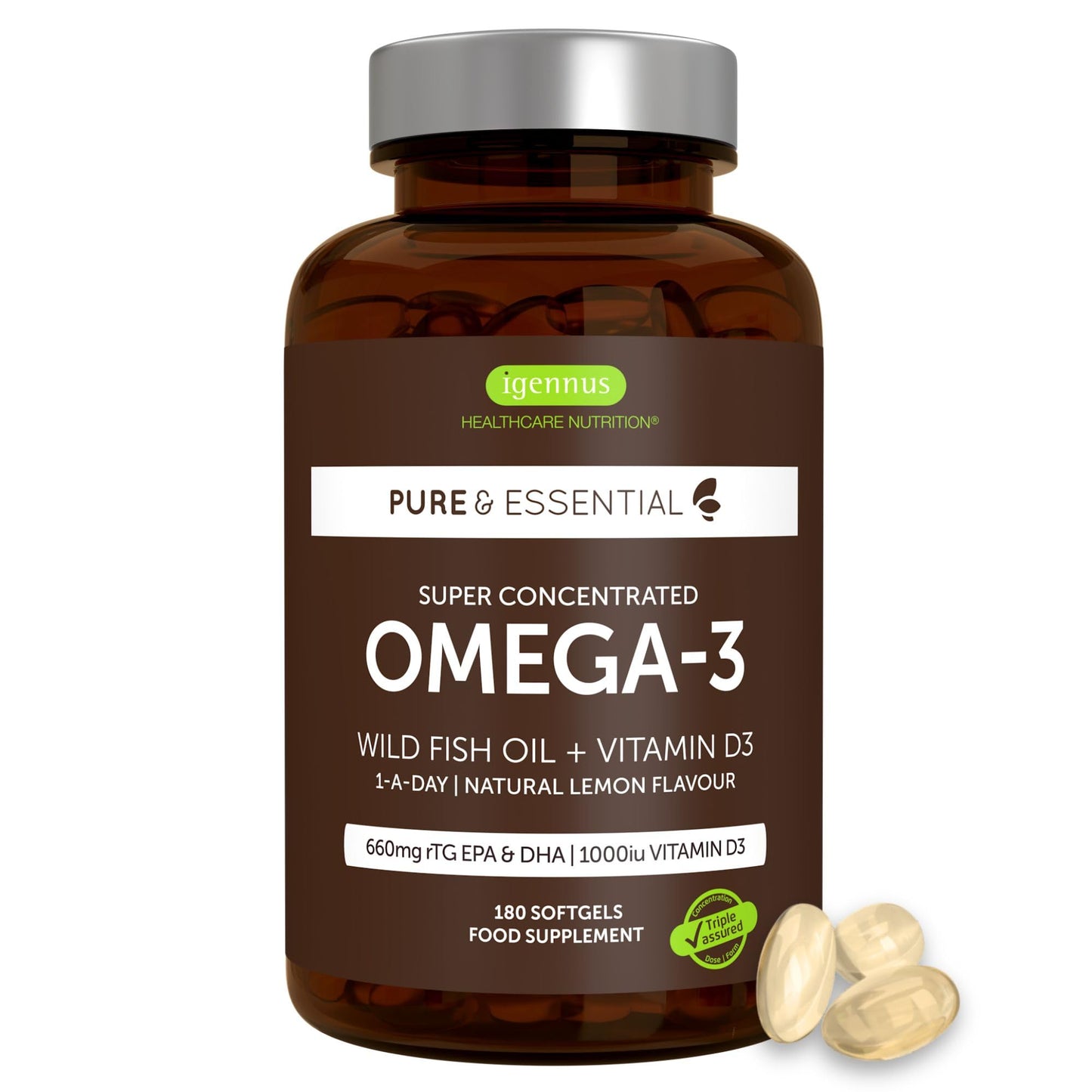 Igennus Advanced rTG Omega-3 IFOS Certified Wild Fish Oil & Vitamin D3, 1-a-Day, Fatty Acids EPA & DHA, Fast-Acting Triglyceride Form, Ultra Pure & Non-GMO, 60 Softgels