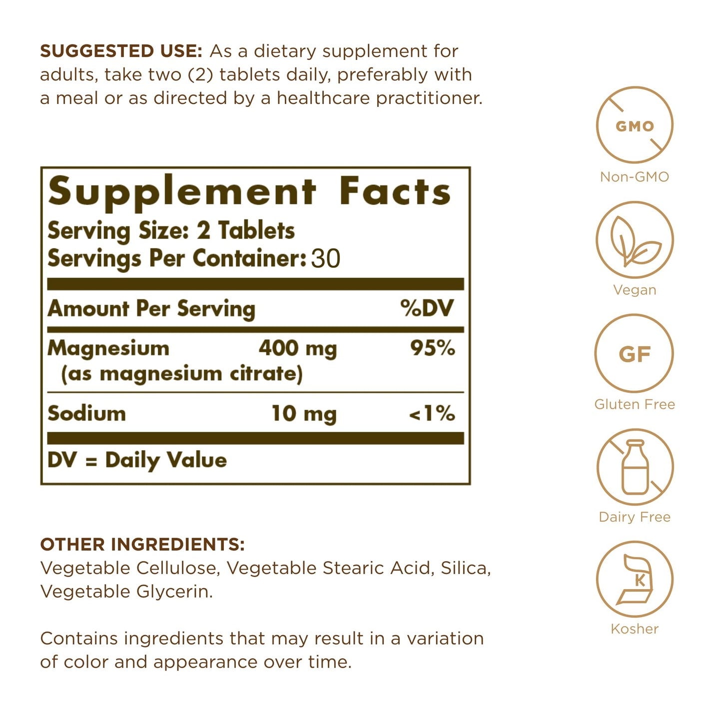 Solgar Magnesium Citrate, 120 Tablets - Promotes Healthy Bones - Supports Nerve & Muscle Function - Non GMO, Vegan, Gluten Free, Dairy Free, Kosher - 60 Servings, Standard Packaging