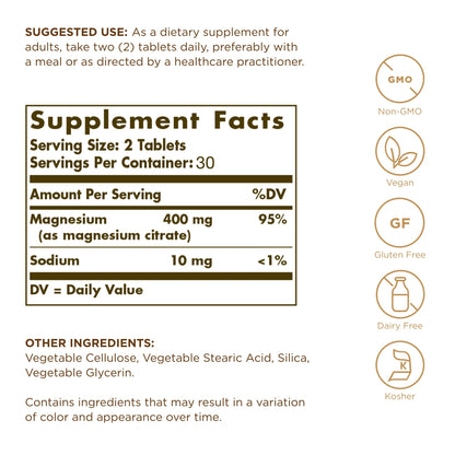 Solgar Magnesium Citrate, 120 Tablets - Promotes Healthy Bones - Supports Nerve & Muscle Function - Non GMO, Vegan, Gluten Free, Dairy Free, Kosher - 60 Servings, Standard Packaging
