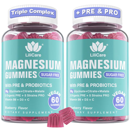 Magnesium Complex Gummies 400 mg for Women Men with Prebiotics and Probiotics, Triple Calm Magnesium Glycinate Malate Citrate Gummy Supplement for Relaxation & Digestive Health-Sugar Free, Vegan 120ct