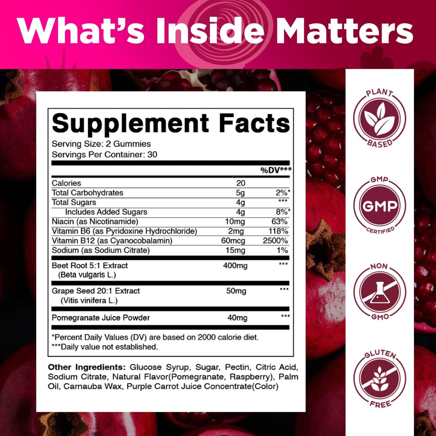 Vitamatic Beet Root Gummies with B6, B12, Grape Seed, Pomegranate & Nicotinamide – Plant-Based Extract – Vegan, Non-GMO – Botanical Supplement Gummies – 60 Count