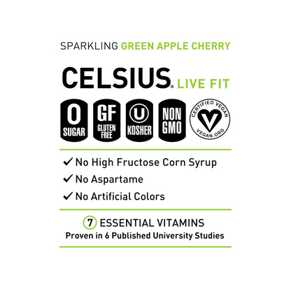 CELSIUS Sparkling Green Apple Cherry, Functional Essential Energy Drink, 12 Fl Oz