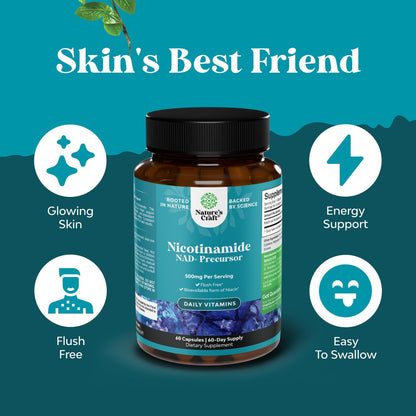 Vitamin B3 Niacinamide 500mg Capsules - Mitochondrial Energy and Potent Skin Supplement - Vitamin B3 Niacin Flush Free and Nicotinamide 500mg - Flush Free Niacin Supplement - 60 Count