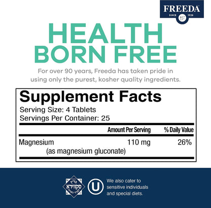 Freeda Magnesium Gluconate Vegan Supplement - 100 Tablets | Gentle and Highly Absorbable Magnesium Gluconate Supplement - Supporting Bone, Nerve & Muscle Function