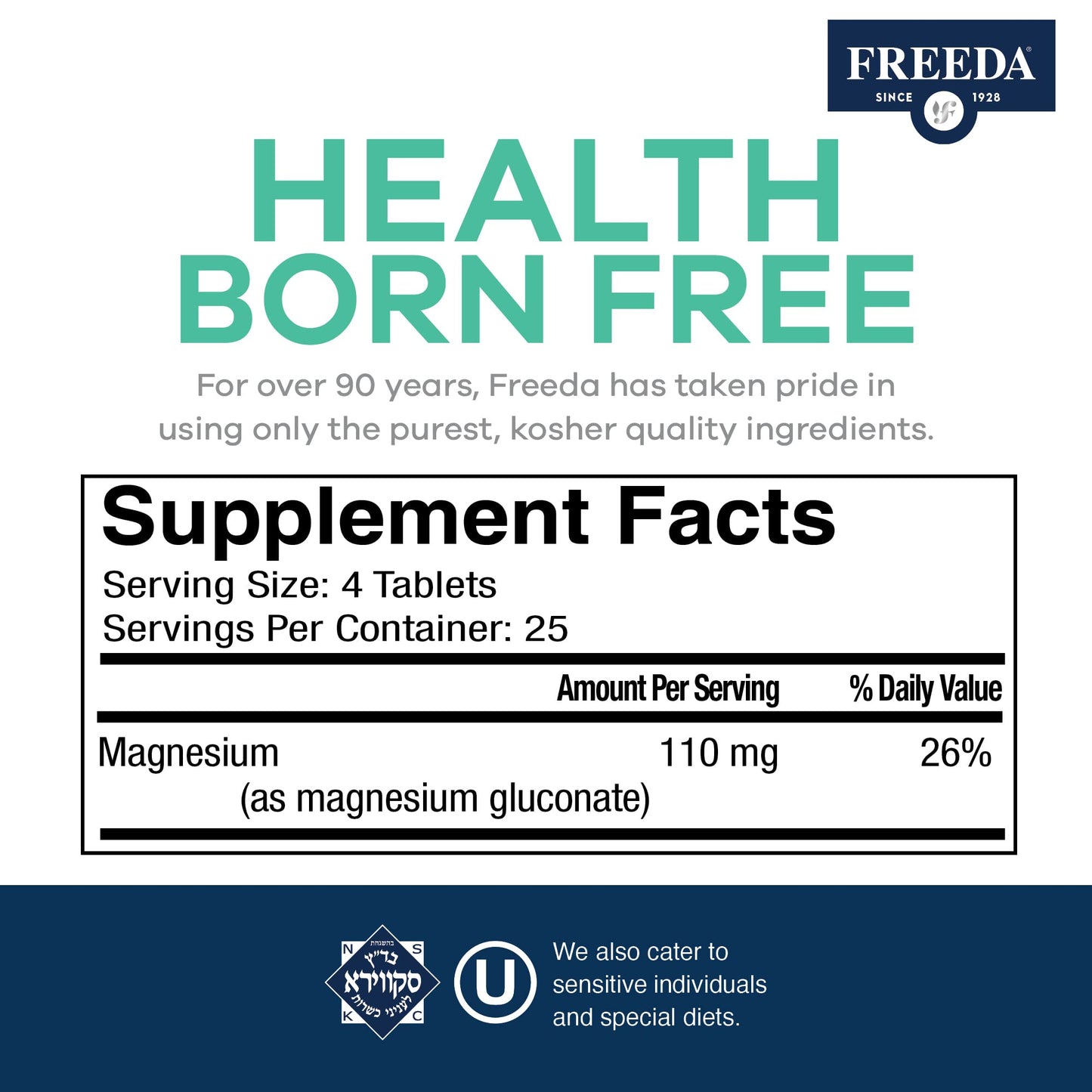 Freeda Magnesium Gluconate Vegan Supplement - 100 Tablets | Gentle and Highly Absorbable Magnesium Gluconate Supplement - Supporting Bone, Nerve & Muscle Function