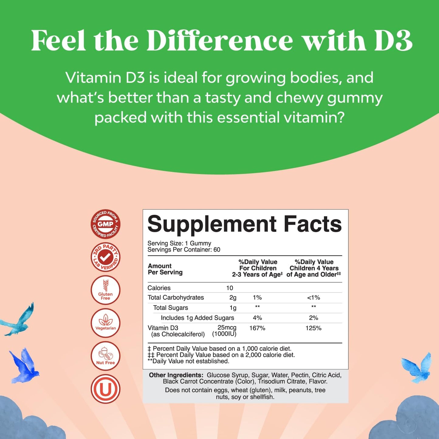 Chewable Vitamin D Gummies for Kids - Delicious Vitamin D 1000 IU Per Serving - Toddlers Immune Support Gummies - Berries Flavored Supplement for Bones Health & Muscles - Gelatin Free - 60 Count