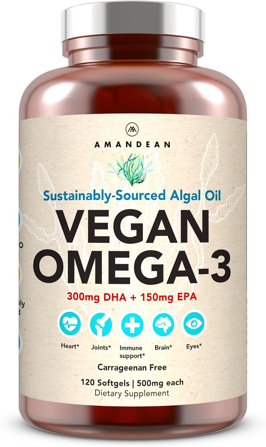 AMANDEAN Vegan Omega-3 Supplement, Algal Oil Algae DHA EPA Softgels, 120ct