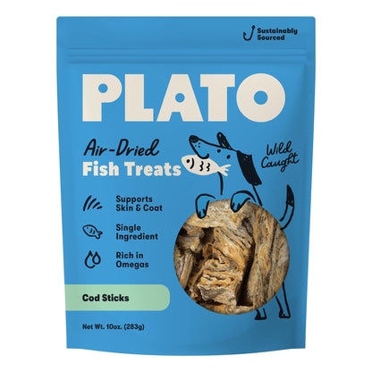 Plato Single Ingredient Wild-Caught Cod Skin Bites Dog Treats, Air-Dried Omega-Rich Skin & Coat Support, 10 oz