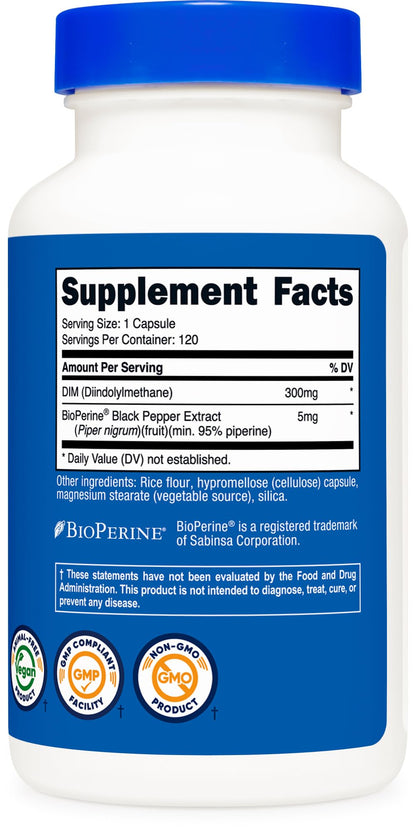 Nutricost DIM (Diindolylmethane) Plus BioPerine 300mg, 120 Vegetarian Capsules - Up to 4 Month Supply, Max Strength DIM Supplement