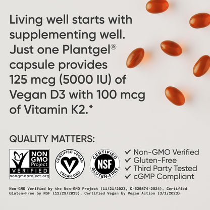 Sports Research® Vitamin D3 + K2 w/ Coconut Oil - Vegan Vitamin D 5000iu & Mk7 Vitamin K 100mcg for Bone & Immune Support - Vegan Certified · Non-GMO · Soy Free - 60 Softgels