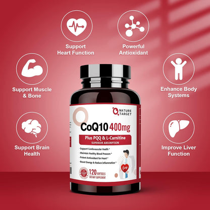 NATURE TARGET CoQ10-400mg with PQQ, Omega-3s & L-Carnitine, 120 Servings | High Absorption Coenzyme Q10 with BioPerine, Supports Heart, Brain, Immune System, Energy Production