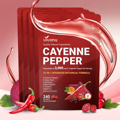 VivoNu Cayenne Pepper Softgels Supplement, Supports Leg Vein, Heart and Blood Vessel Health, with Vitamin E D3+K2 and Extracts of Grape Seed, Hawthorn, Beetroot, Berberine (Softgel / 1 Bag)
