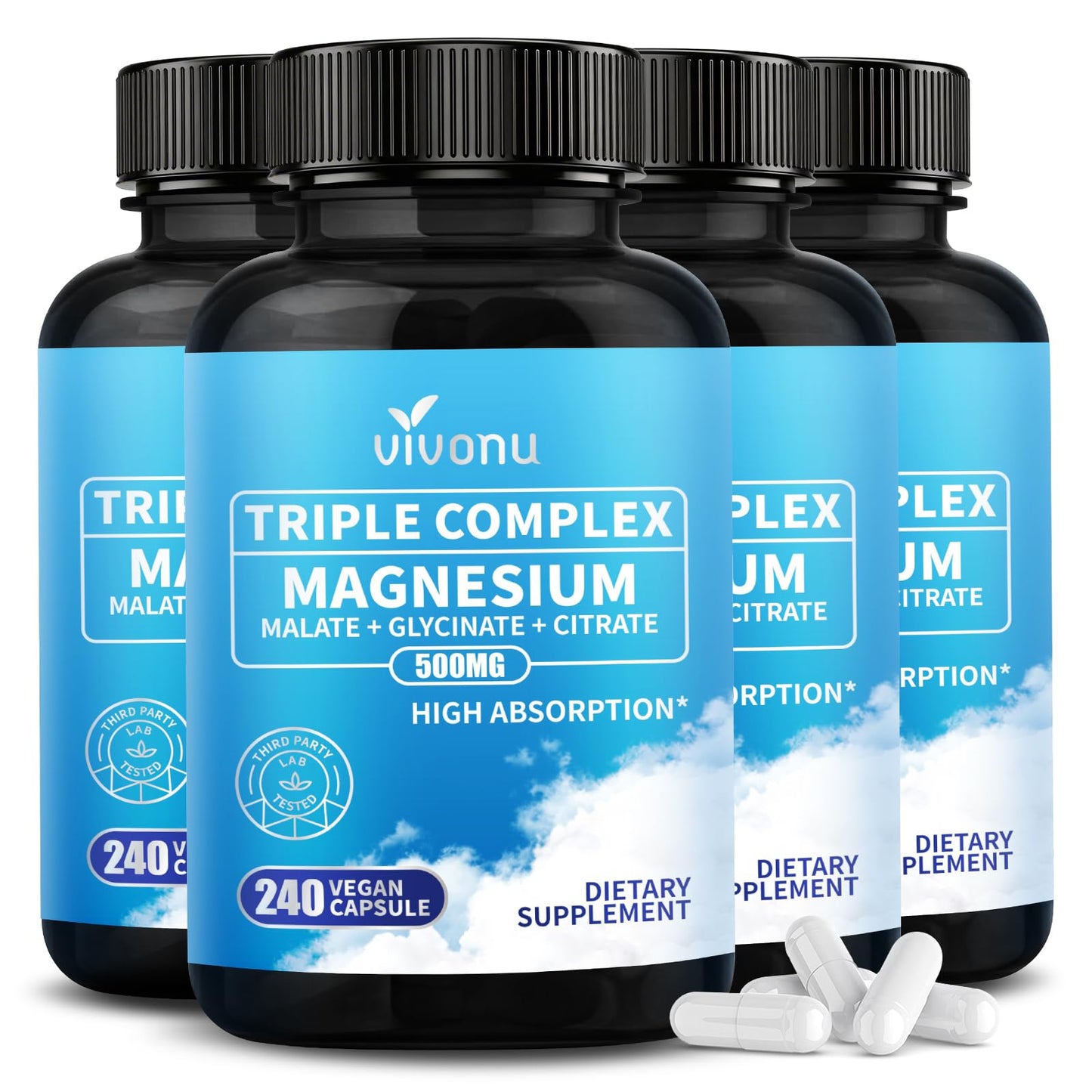 Triple Magnesium Complex for Women and Men, Magnesium Glycinate 400mg, Malate, Citrate, High Absorption Chelated Magnesium Supplement Support Sleep, Muscle, Non-GMO, Gluten Free - 240 Capsules