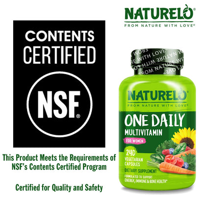 NATURELO One Daily Multivitamin for Women w/Vitamin B12, 120 Ct, Energy Support, Whole Food Daily Women Multivitamin Supplement, Nourish Hair/Skin/Nail, Non-GMO, No Soy, Gluten Free, 4 Month Supply