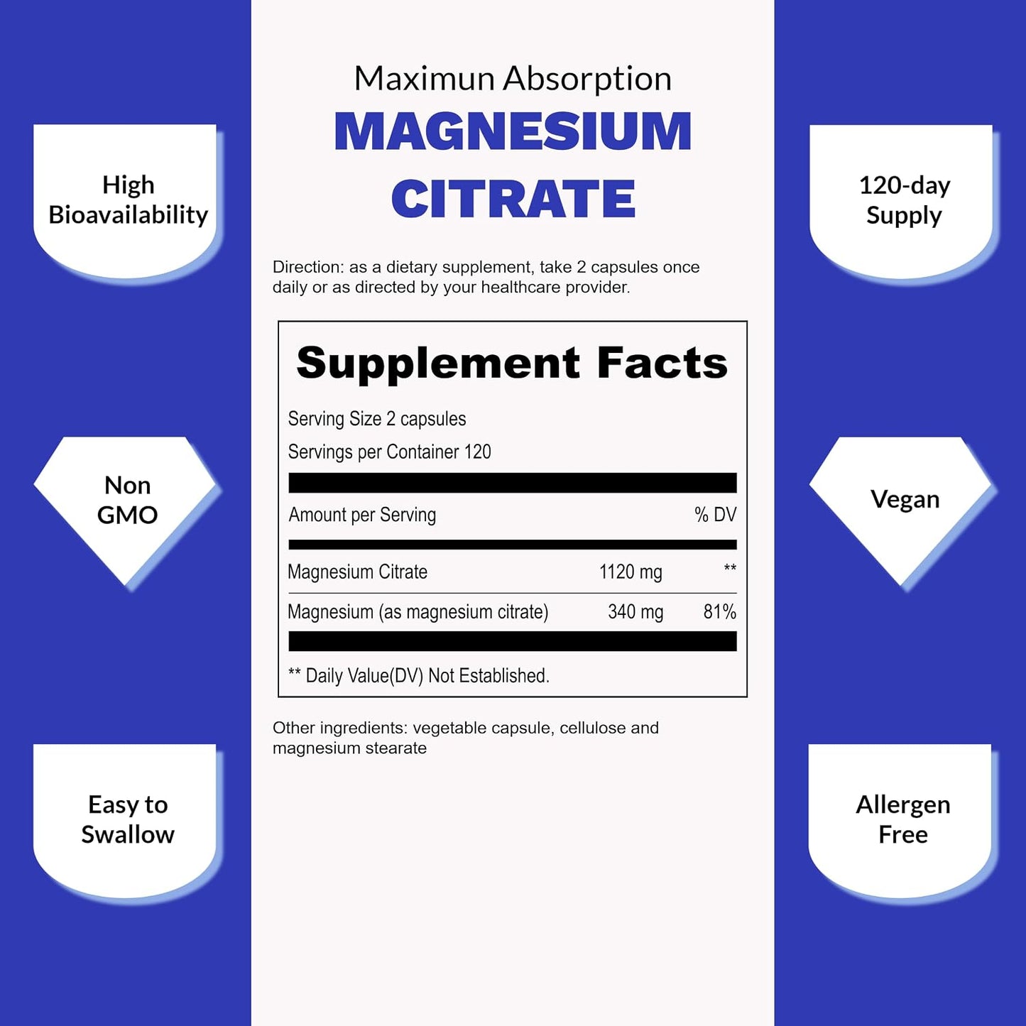 UpNourish Pure Magnesium Citrate (Citrato de Magnesio) 1120mg, 240 Capsules - High Absorption Magnesium Supplement for Women & Men - Natural Calm Magnesium for Constipation, Relax, Cramp Defense