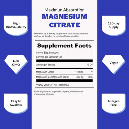 UpNourish Pure Magnesium Citrate (Citrato de Magnesio) 1120mg, 240 Capsules - High Absorption Magnesium Supplement for Women & Men - Natural Calm Magnesium for Constipation, Relax, Cramp Defense