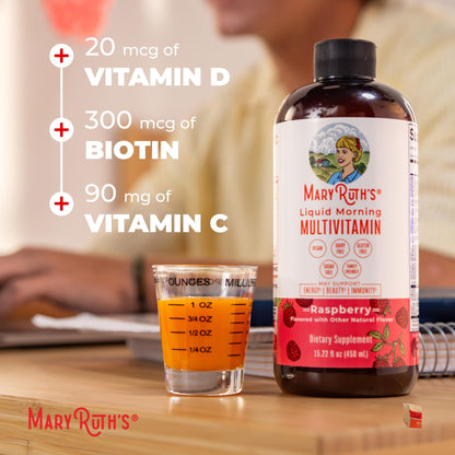MARYRUTH'S Liquid Morning Multivitamin for Women, Men & Kids | Vitamin A C D E B6 B12 Biotin Zinc | Beauty | Vegan | Non-GMO | Gluten Free | 32 Servings