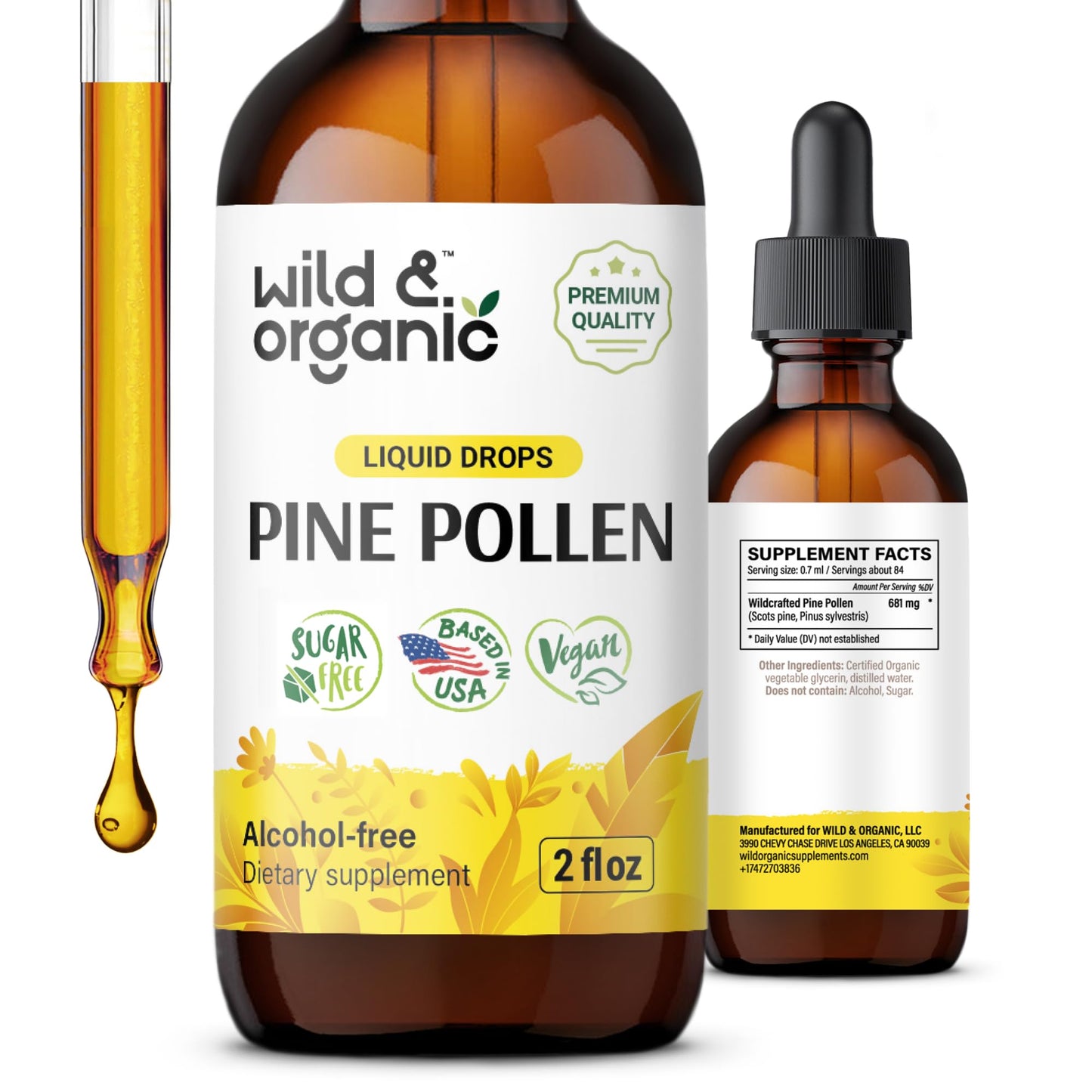 Wild & Organic Pine Pollen Tincture - Pine Pollen for Men & Women - Add to Tea & Drink - Pure Pinus Massoniana Extract Drops - Vegan, Sugar & Alcohol-Free Liquid Supplement - 4 fl oz