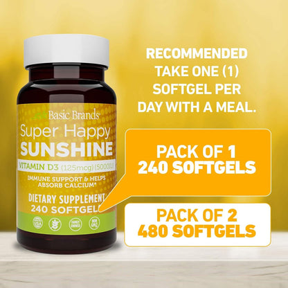 Basic Brands Super Happy Sunshine Vitamin D3 5000 IU | 240 Softgels