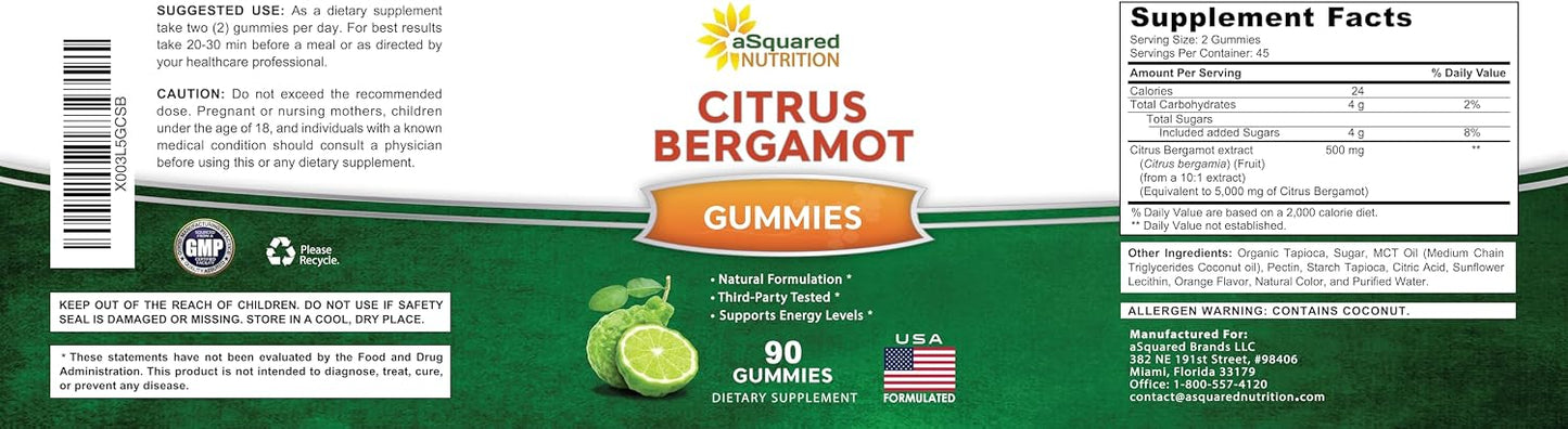 aSquared Nutrition Citrus Bergamot Gummies - Citrus Bergamot Extract Supplement 500mg Per Serving - Pure Gummy Alternative to Capsules & Pills