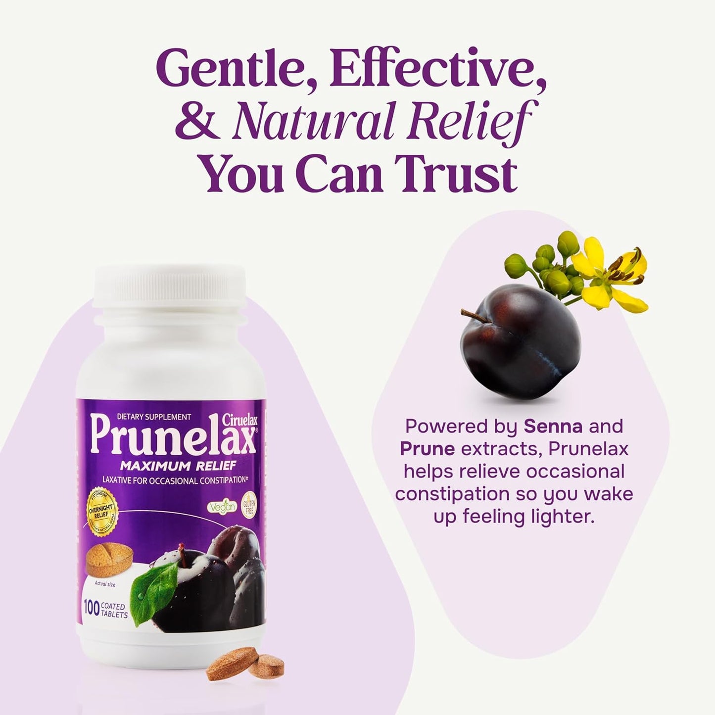 Prunelax Ciruelax Maximum Relief Laxative Tablets with Natural Senna for Occasional Constipation, Senna Extract, Vegan & Gluten-Free, Gentle Overnight Relief - 100ct