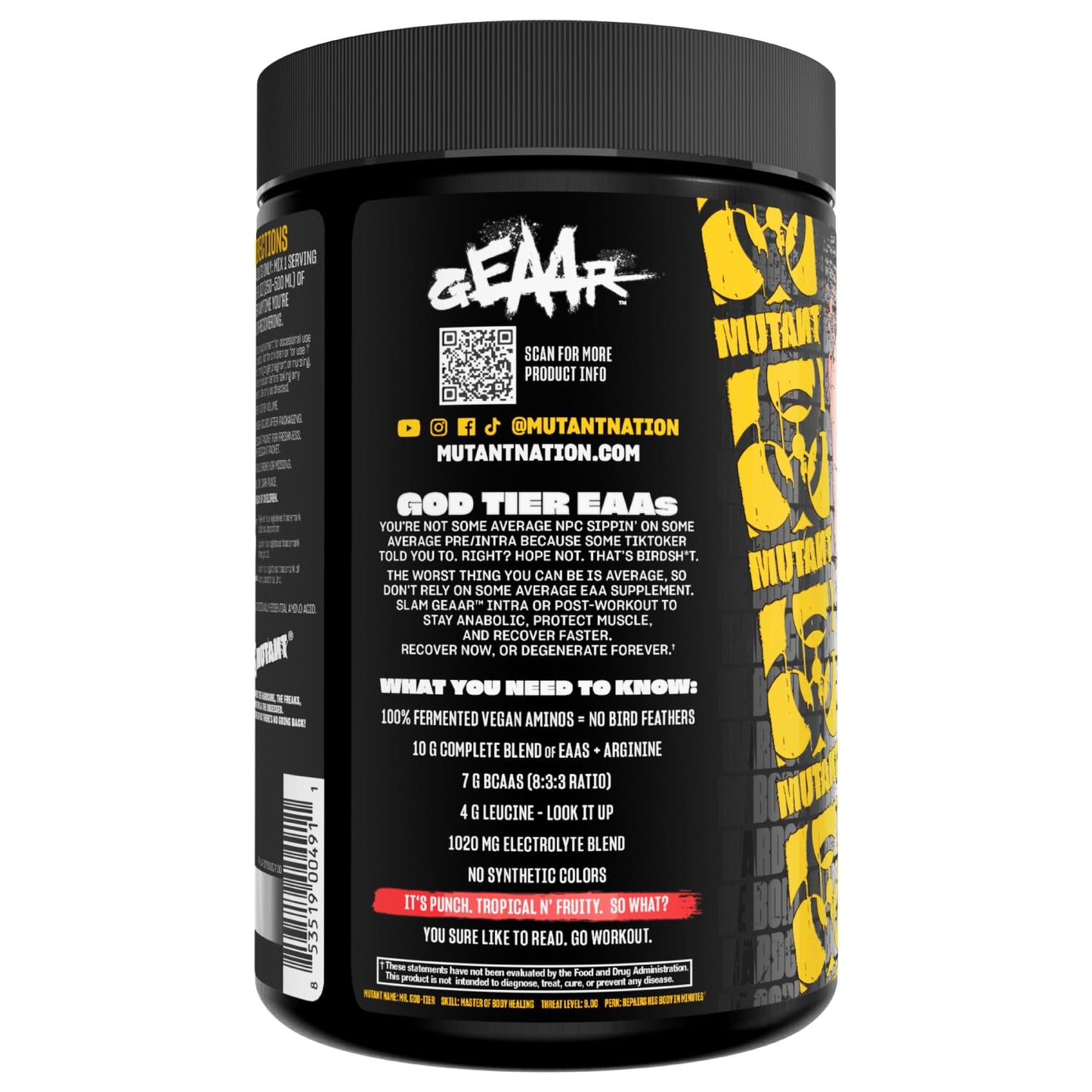 Mutant GEAAR - 9.4g of EAA Powder + Arginine, 7g BCAAs, 4g Leucine, Electrolytes, Coconut Water, 30 Servings - Fruit Punch
