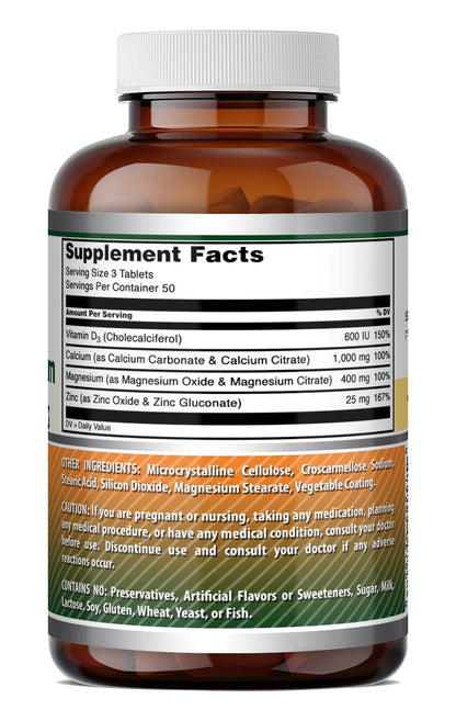 Amazing Formulas Calcium Magnesium Zinc D3-300 Tablets Per Bottle Supplement (Calcium 1000mg - Magnesium 400mg - Zinc 25mg Plus Vitamin D3 600 IU - Per Serving of 3 Tablets)
