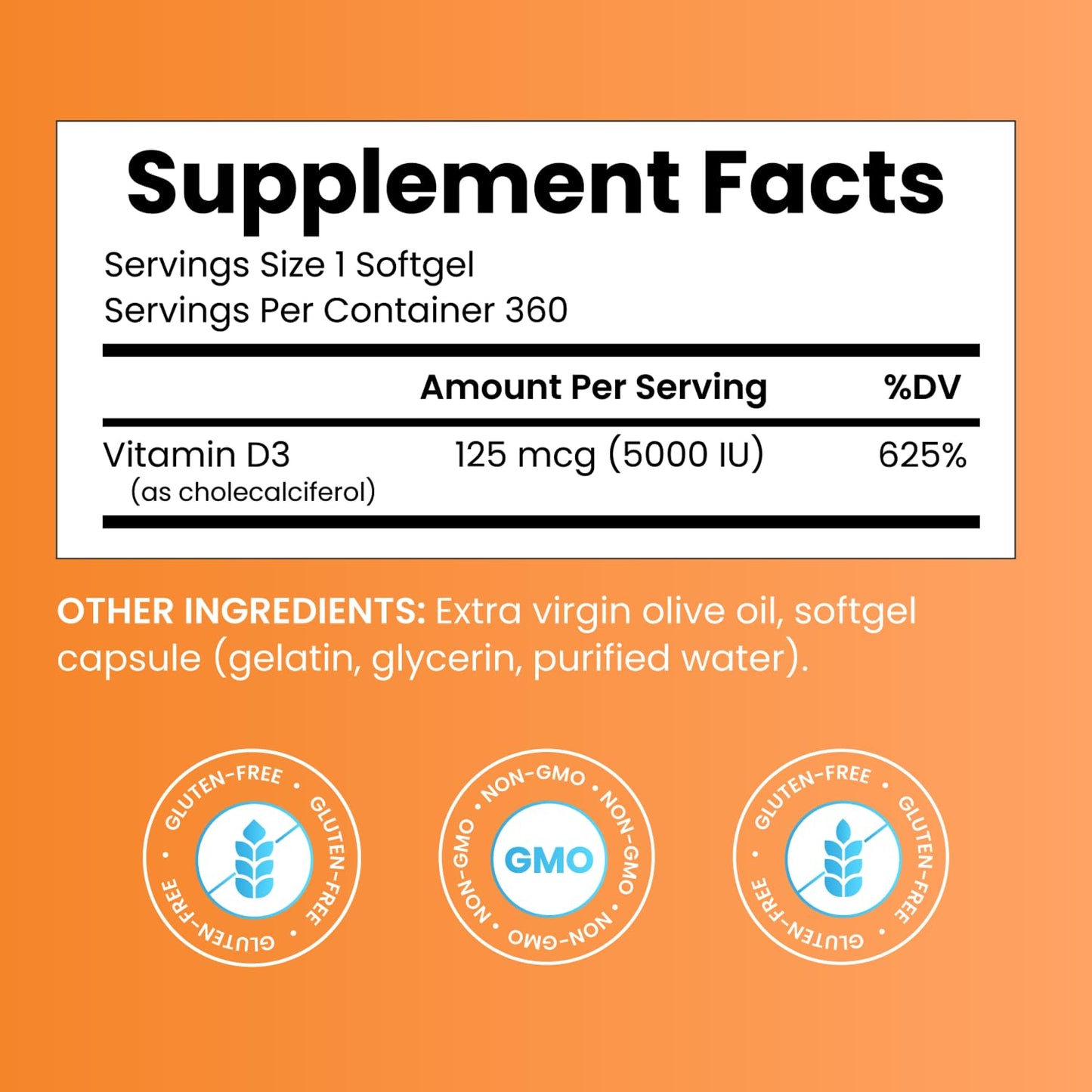 Doctor's Best Vitamin D3 5000 IU Softgels for Men & Women - Vitamin D Supplement for Immune System & Heart Health Support, 125 mcg per Serving, Vit D 3, Non GMO, Gluten Free, Soy Free - 360 Softgels