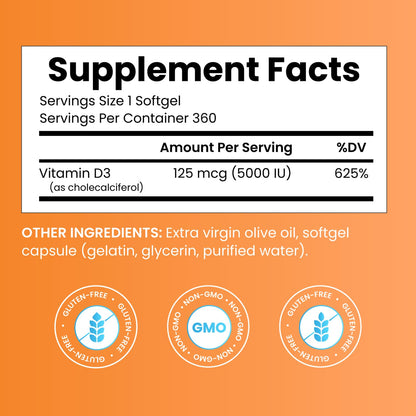 Doctor's Best Vitamin D3 5000 IU Softgels for Men & Women - Vitamin D Supplement for Immune System & Heart Health Support, 125 mcg per Serving, Vit D 3, Non GMO, Gluten Free, Soy Free - 360 Softgels