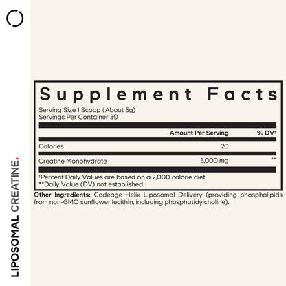 Codeage Liposomal Creatine Powder, 5000mg, Monohydrate, Unflavored, 90 SRV | Liposomal micronized creatine monohydrate, 5 g per serving, unflavored. Three-month supply. Non-GMO.