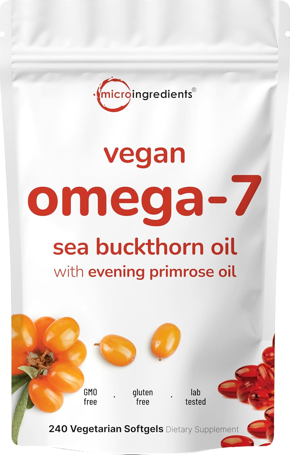 Vegan Omega-7 Sea Buckthorn Oil, 240 Vegetarian Softgels | 2-in-1 with Evening Primrose Oil | Plant Based Botanical Oil Blend | Non-GMO, Gluten, & Carrageenan Free