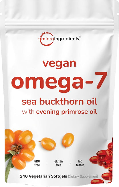 Vegan Omega-7 Sea Buckthorn Oil, 240 Vegetarian Softgels | 2-in-1 with Evening Primrose Oil | Plant Based Botanical Oil Blend | Non-GMO, Gluten, & Carrageenan Free