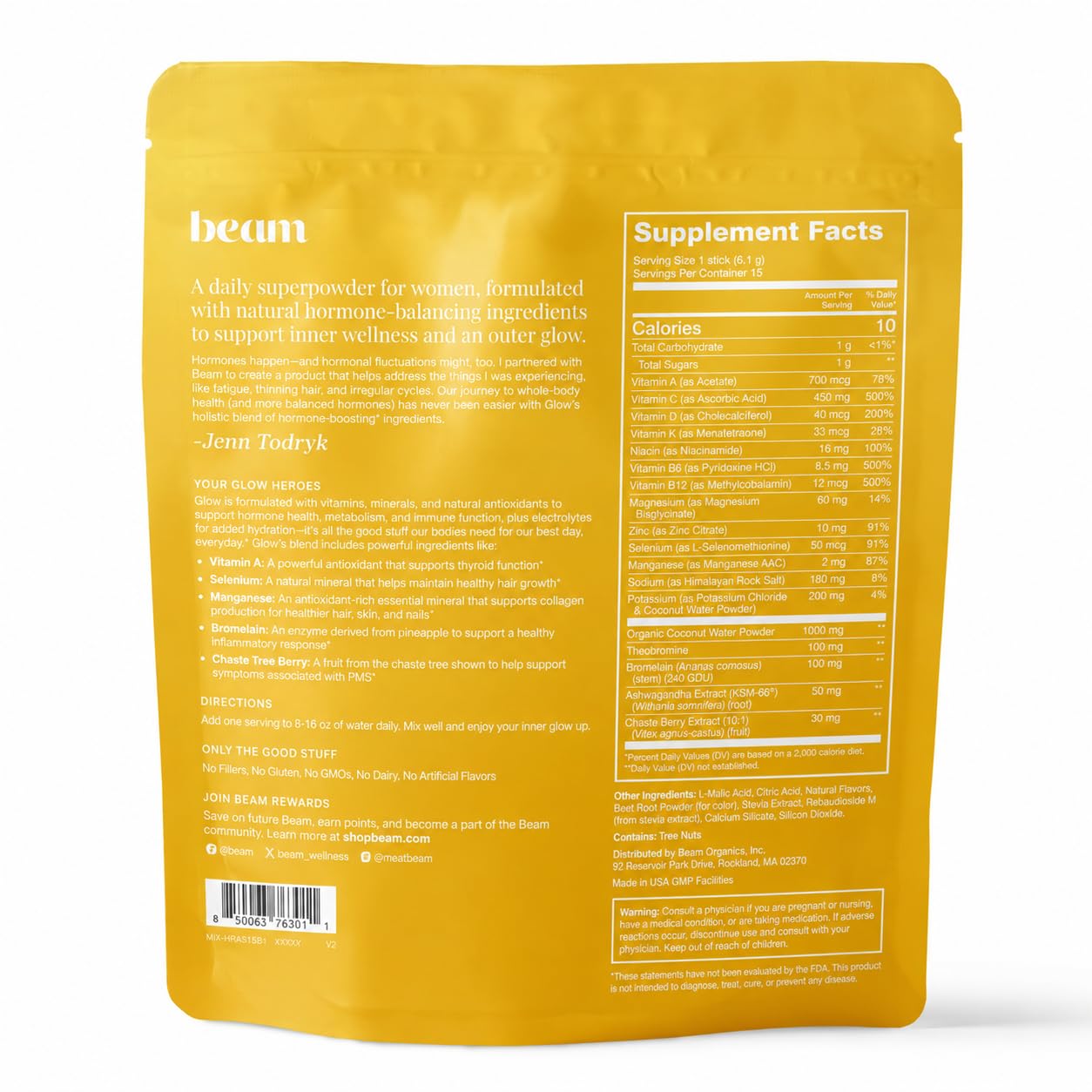BEAM Glow Hormone Support & Cortisol Supplement for Women - Daily Vitamins for Women with Ashwagandha, Selenium, Zinc, Vitamin A, Biotin for Cycle Health, Mood & Energy, Strawberry Kiwi, 15 Servings