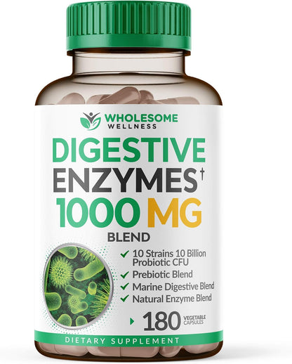 Wholesome Wellness Digestive Enzymes 1000MG Plus Prebiotics & Probiotics Supplement + Super-Absorb Multi Collagen Pills (Type I II III V X) Organic Herbs and Bioperine Bundle