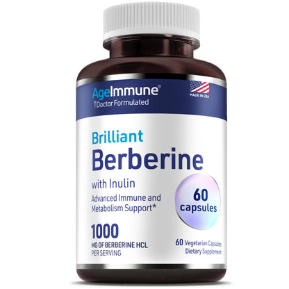 AgeImmune Berberine 1000mg Supplement Complex with Inulin Prebiotic - Berberine HCL 500mg per Capsule - Doctor Formulated and Third Party Tested Berberine Supplement