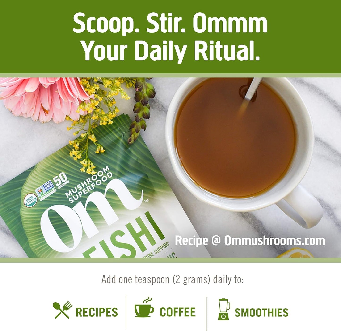 Om Mushroom Superfood Reishi Organic Mushroom Powder, 100 Servings, Organic Adaptogen Powder for Stress Relief and Immune Health