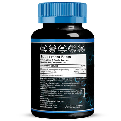 Magnesium Glycinate Capsules - 750mg | 120 Count, Magnesium Supplement for Women and Men - Pure Complex Glicinato De Magnesio, High Absorption, Heart Health, Sleep Supplement - 2 Packs