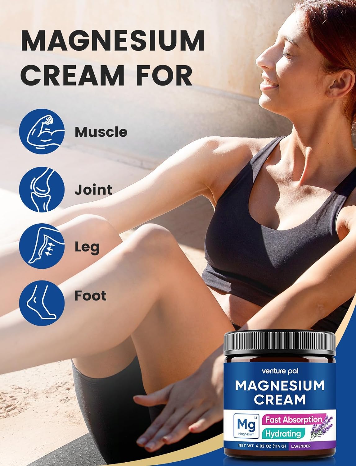 Venture Pal Topical Magnesium Cream, Highly Concentrated Magnesium Lotion | Fast-Absorbing Magnesium Moisturizing Cream with Coconut Oil, Shea Butter & Hyaluronic Acid; Suitable for Kids