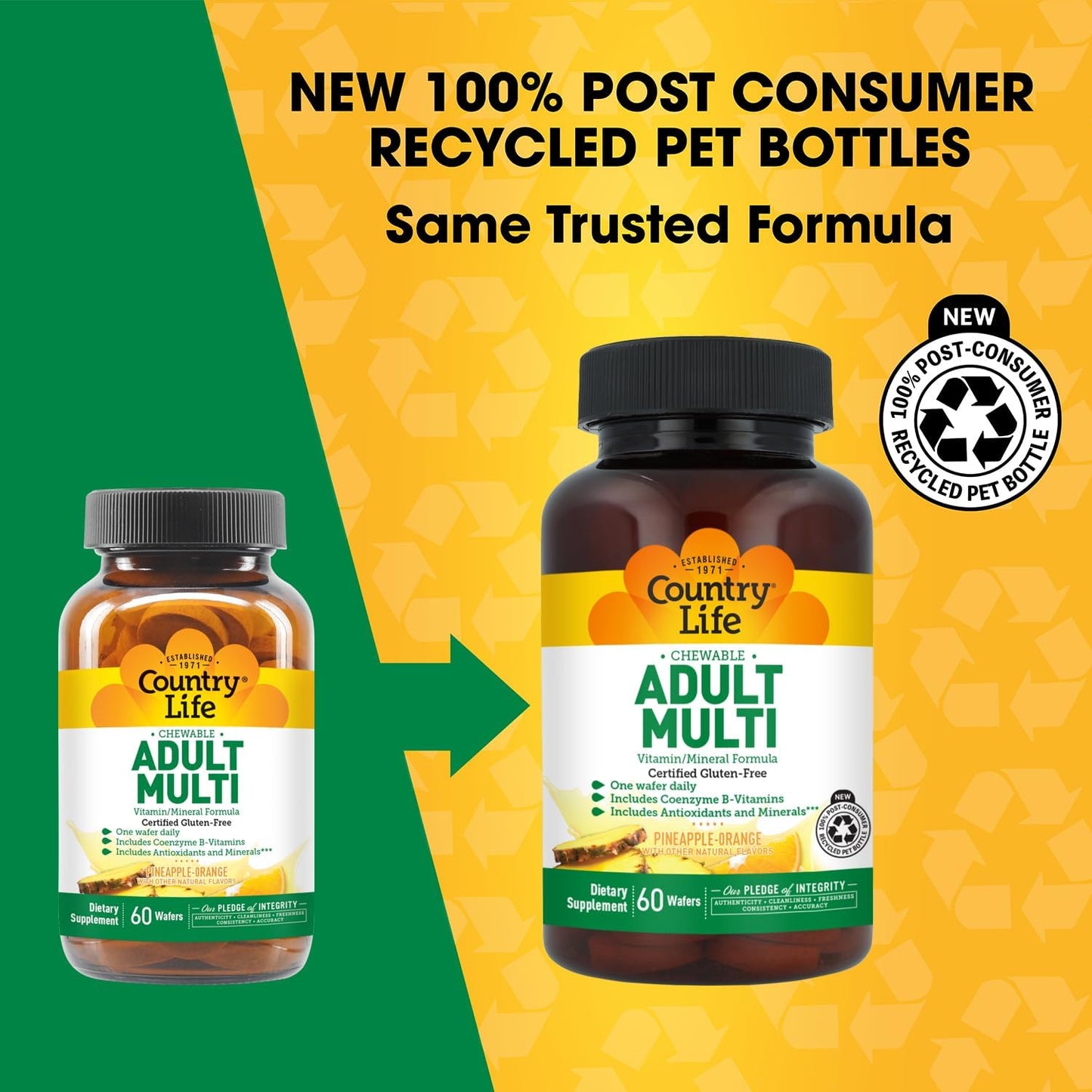 Country Life Adult Chewable Multivitamin with Coenzyme B-Vitamins, Antioxidants, Minerals, Pineapple-Orange Flavor - Supports Energy Metabolism and Immune Health, Gluten Free - 60 Wafers