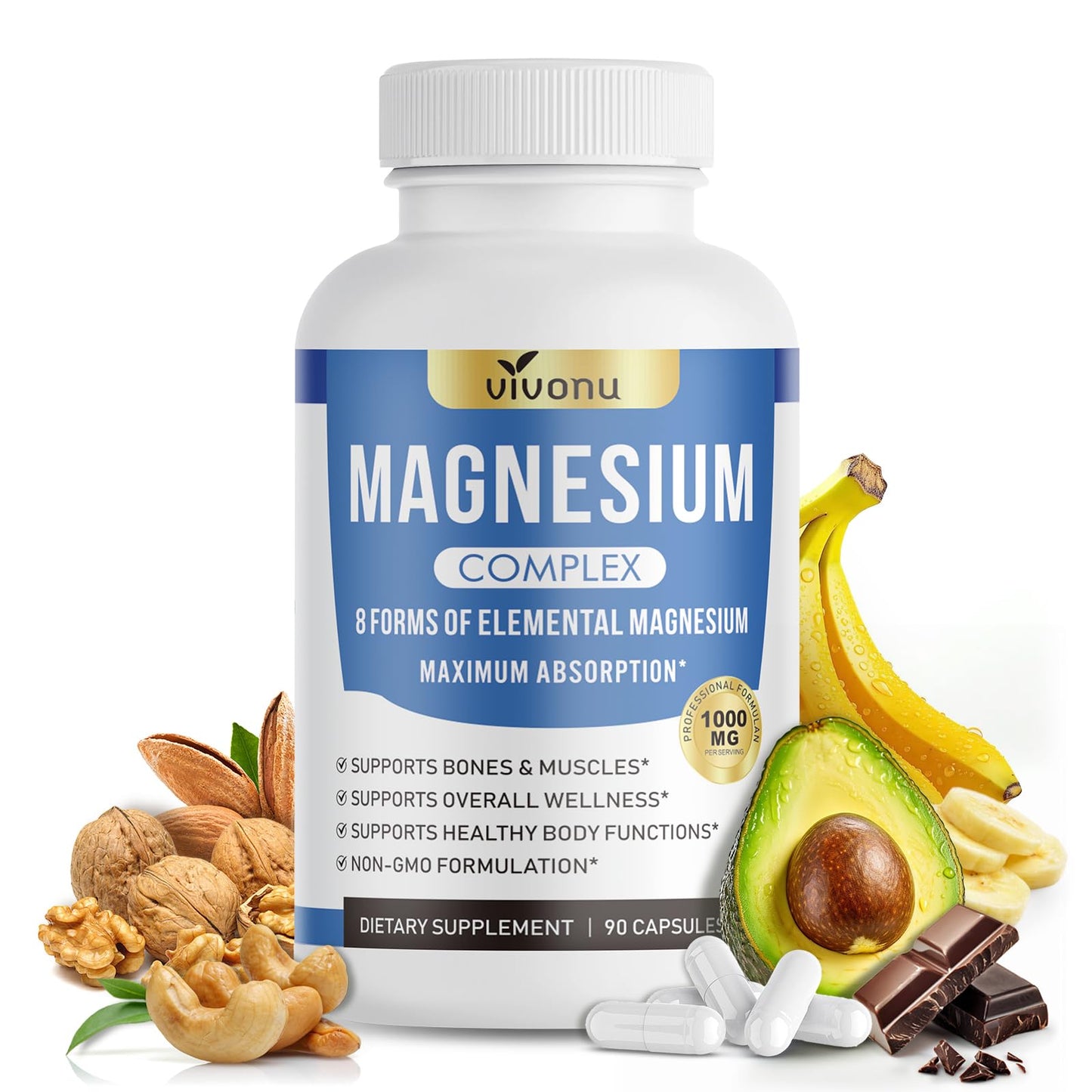 8 Magnesium Complex for Women, Maximum Absorption* 1000mg Formula – Supports Healthy Muscles, Bones, Nerves & Overall Body Functions, Premium Non-GMO Supplement, 90 Capsules