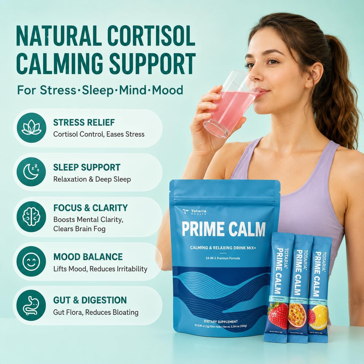 PrimeCalm Drink Mix | Cortisol Reducer* Stress Mood & Sleep Aid with Magnesium Glycinate, Ashwagandha, L-Theanine, 10B Probiotic, No Sugar, 32 Ct.