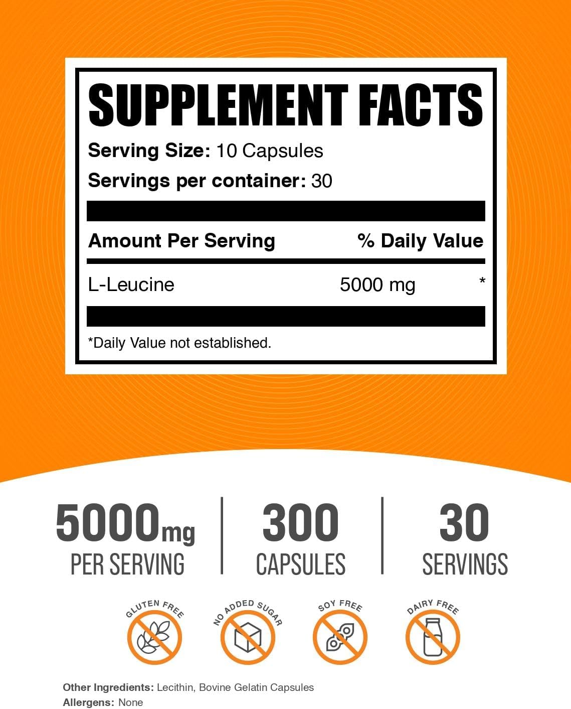 BulkSupplements.com L-Leucine Capsules - Leucine Supplements, Leucine Amino Acid, BCAA Supplements, Leucine 5000mg - Gluten Free, 10 Capsules per Serving - 30-Day Supply, 300 Capsules