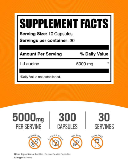 BulkSupplements.com L-Leucine Capsules - Leucine Supplements, Leucine Amino Acid, BCAA Supplements, Leucine 5000mg - Gluten Free, 10 Capsules per Serving - 30-Day Supply, 300 Capsules