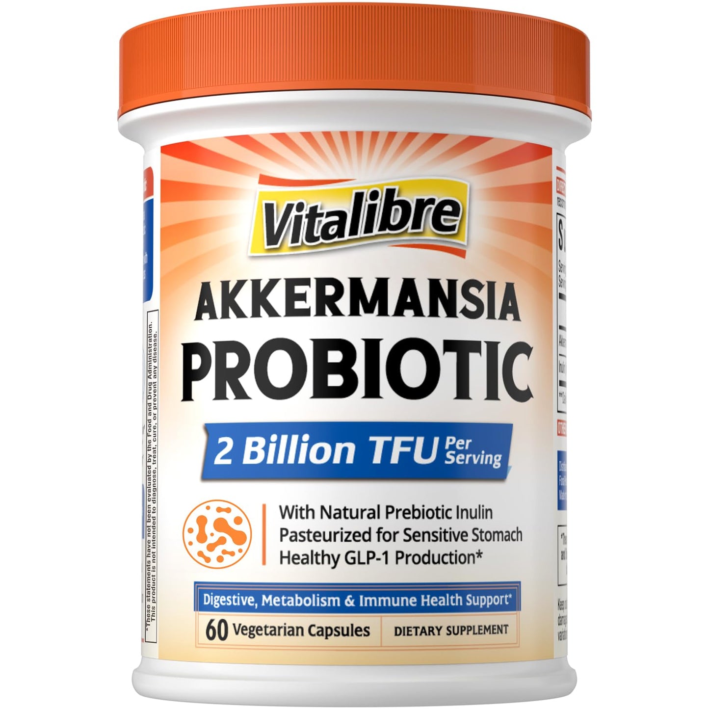 Vitalibre Akkermansia Muciniphila Probiotic 1 Billion TFU, w/Natural Prebiotic Inulin, Naturally Increases GLP-1, Healthy Digestion & Metabolism, Probiotic Supplement for Women & Men, 30 Capsules