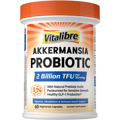 Vitalibre Akkermansia Muciniphila Probiotic 1 Billion TFU, w/Natural Prebiotic Inulin, Naturally Increases GLP-1, Healthy Digestion & Metabolism, Probiotic Supplement for Women & Men, 30 Capsules