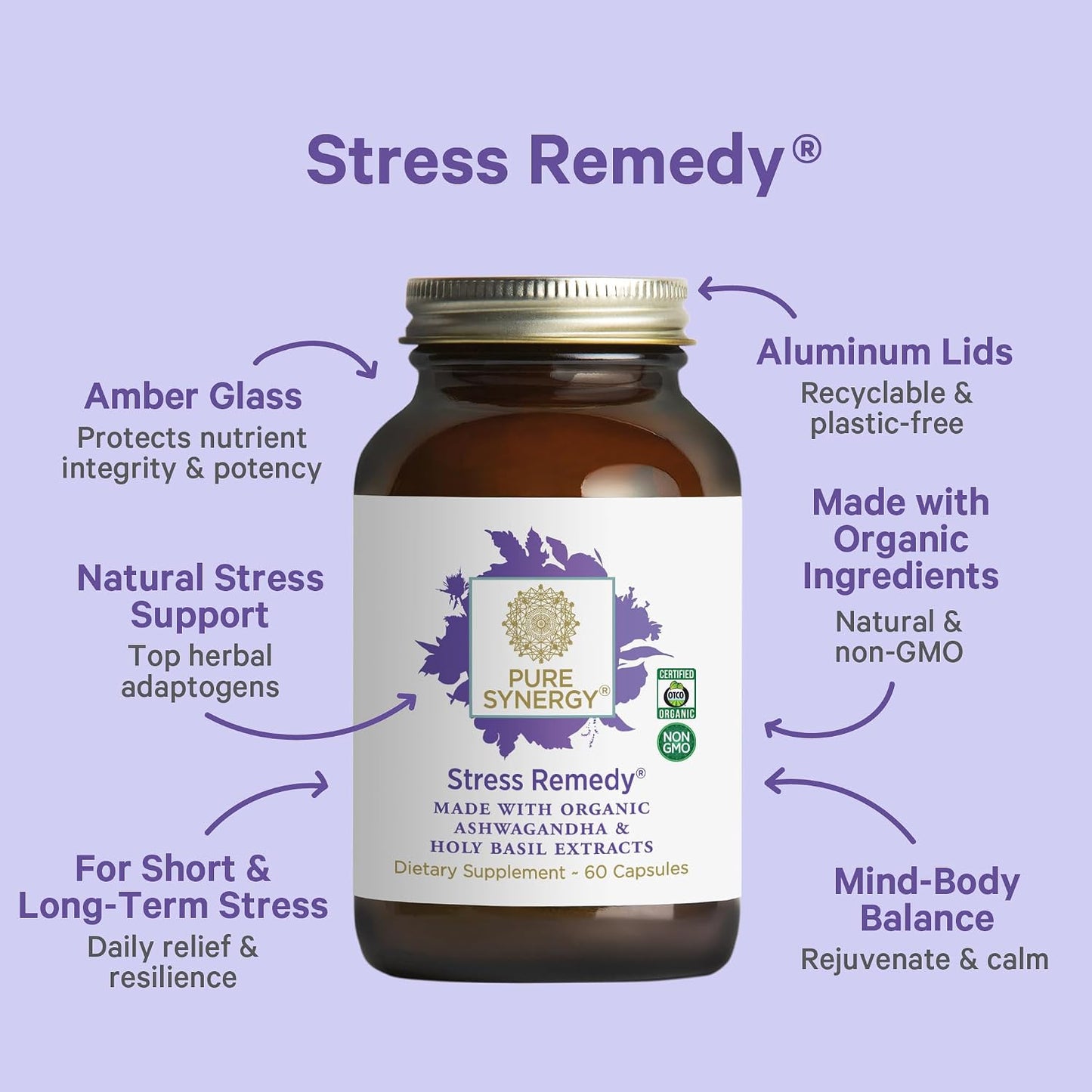 PURE SYNERGY Stress Remedy | Soothing Supplement with Ashwagandha | Organic Adaptogen Support from Lemon Balm and Holy Basil | for Stress Relief, Adrenal Health, and Mood (60 Capsules)