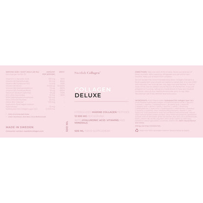 Swedish Collagen - 12500mg Collagen Deluxe 500ml I Hydrolyzed Marine Collagen Peptides (Type I & III)