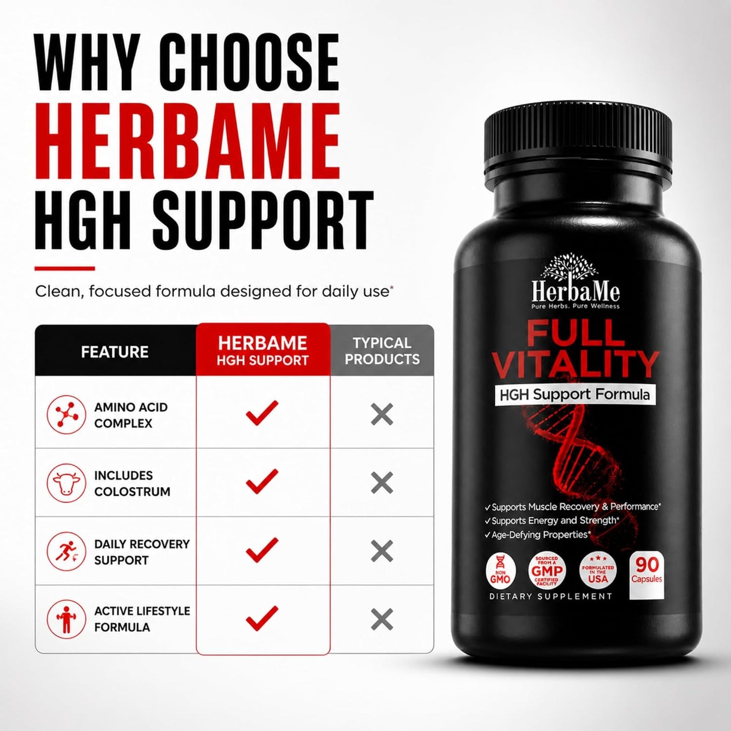 HerbaMe HGH Support Supplement for Men & Women, 90 Capsules – Naturally Supports Human Growth Hormone, Amino Acid Complex with Arginine & Colostrum – Supports Nighttime Recovery, Energy & Performance